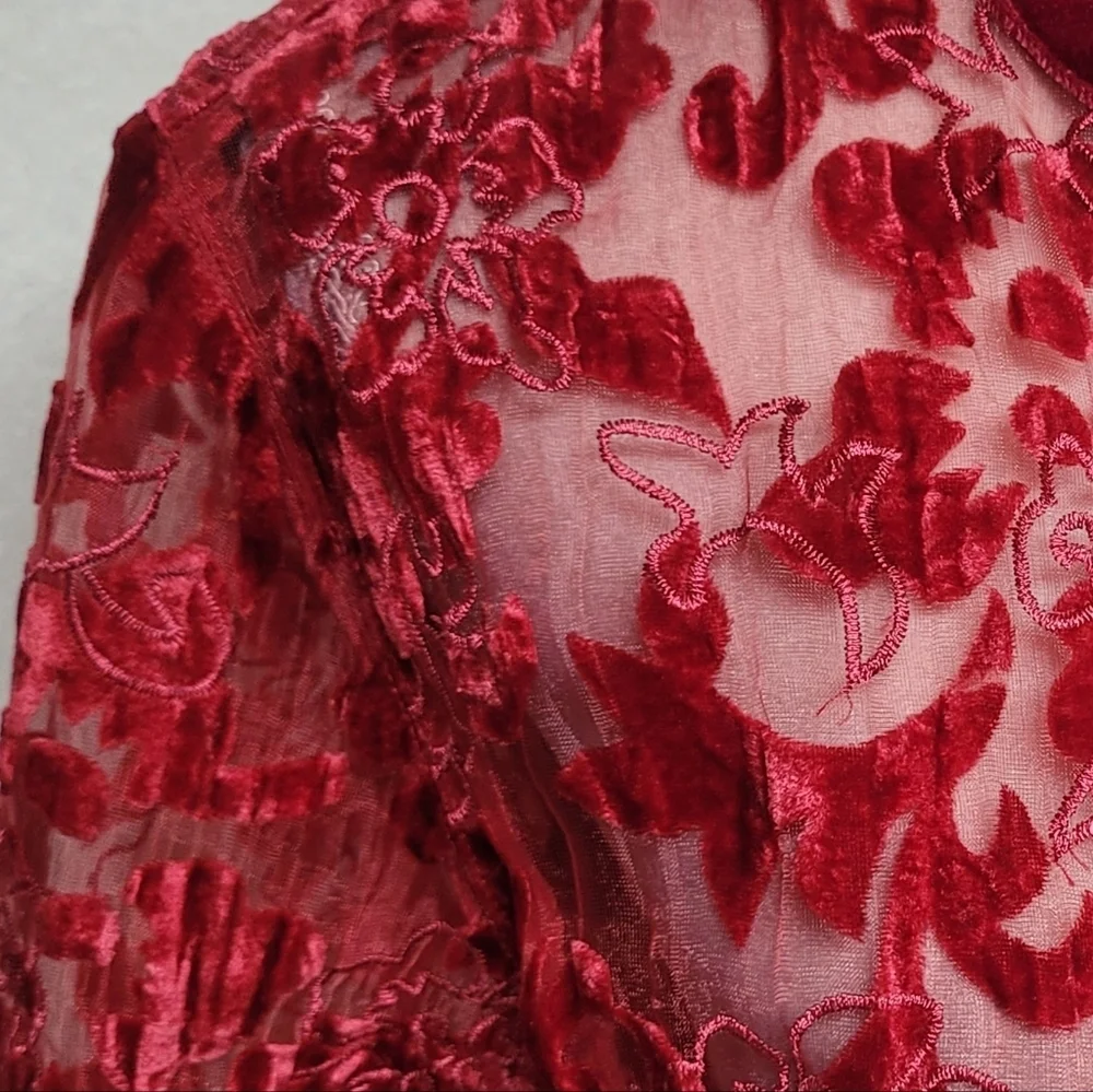 Chico's 90s Vintage Red Burnout Velvet Floral Sheer Mesh Open Front Cardi Jacket